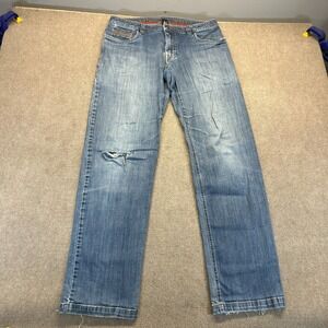 prAna Axiom Jeans Men's 34x34 Blue Stretch Cotton Organic Distressed Casual